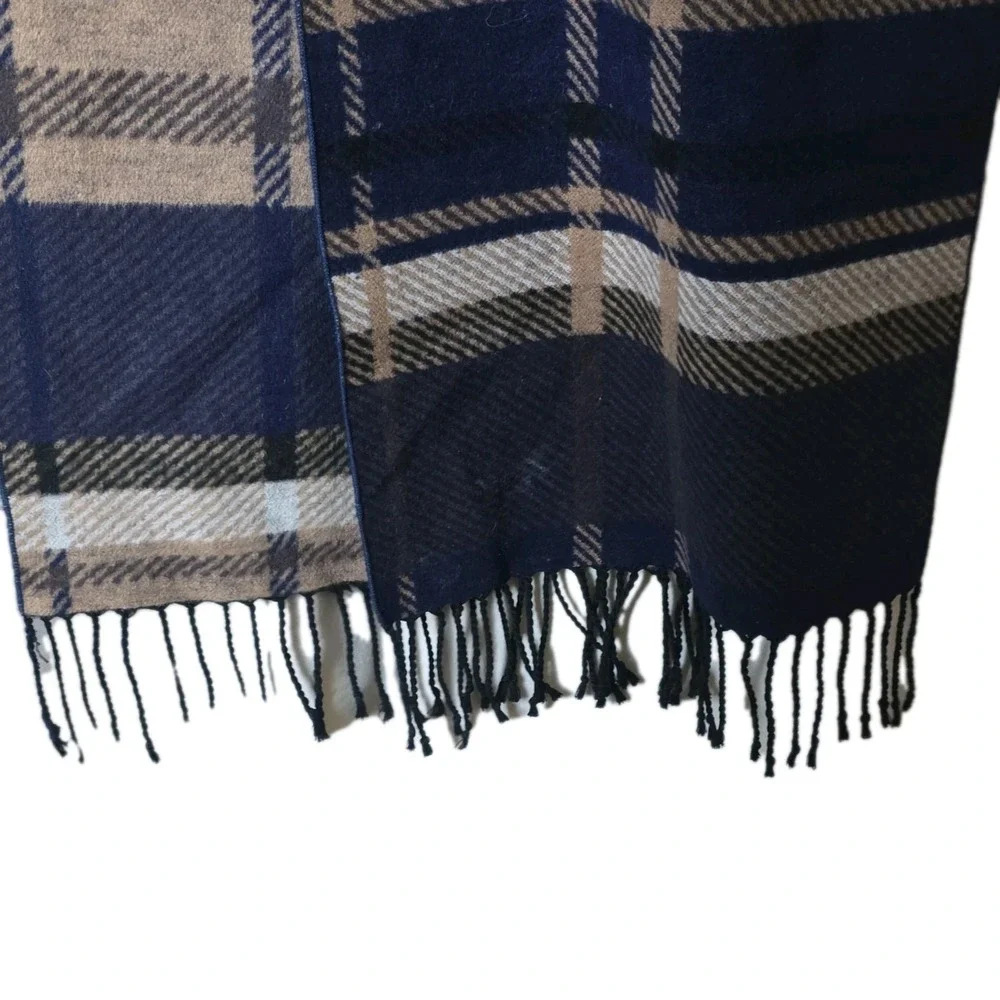 Club Room Men's 100% Silk Plaid Rectangle Scarf w/ Fringe Blue Tan Black
